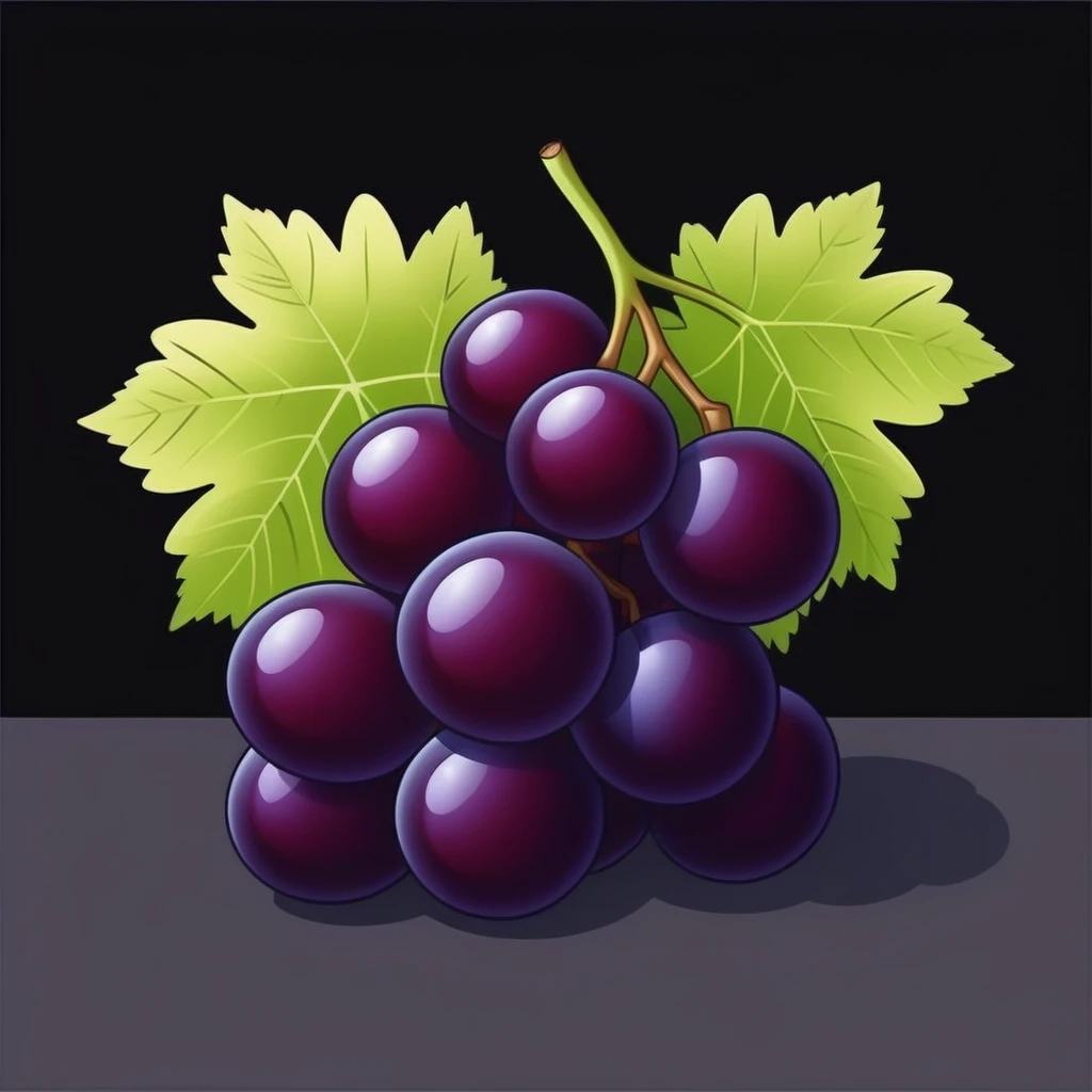 realistic grapes, Black background, cartoon style