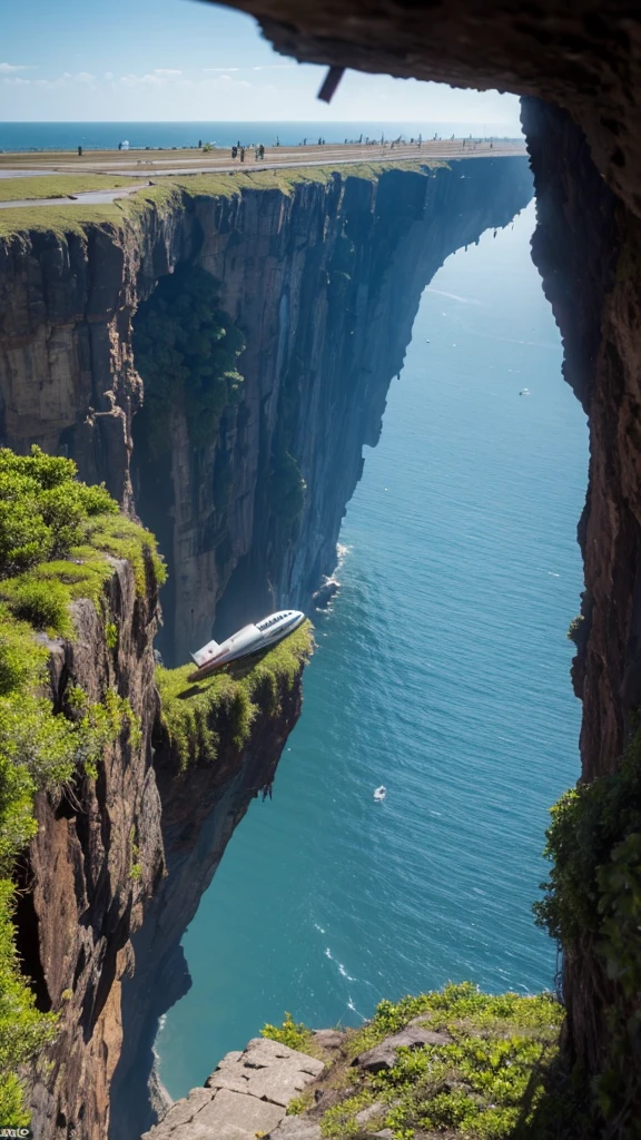 make a very real picture of a rusted crash airplane being stuck alongside a very high cliff, scary scenery, hyper-realistic, 16k