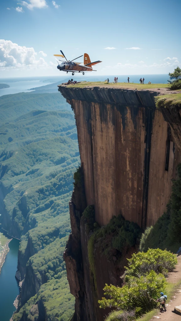 make a very real picture of a rusted crash airplane being stuck alongside a very high cliff, scary scenery, hyper-realistic, 16k