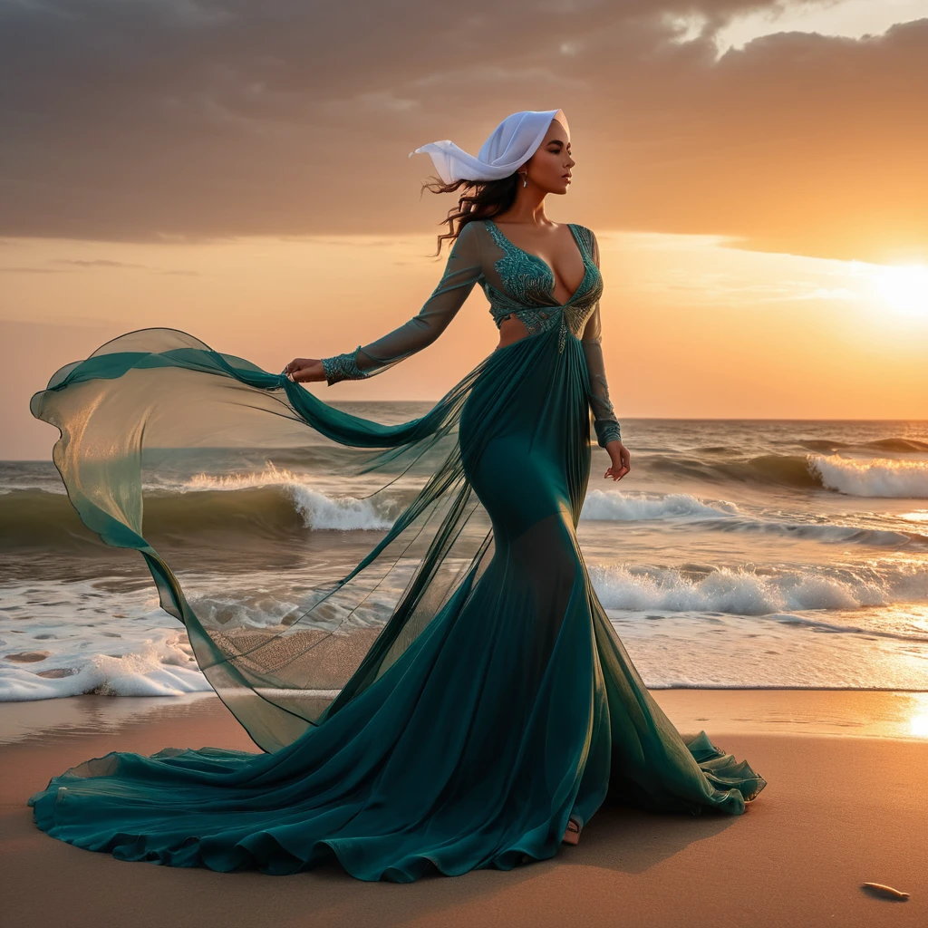 Two woman in the sheer dress, bra expose,nipple on,wearing hijab, full body,mermaid tight long dress, flowy dramatic long dress,very long flor length gown, tall women, in beach,sunset, sexy face, wind blow her dress,sexy pose, masterpice, hyper realistic, realistic lightning