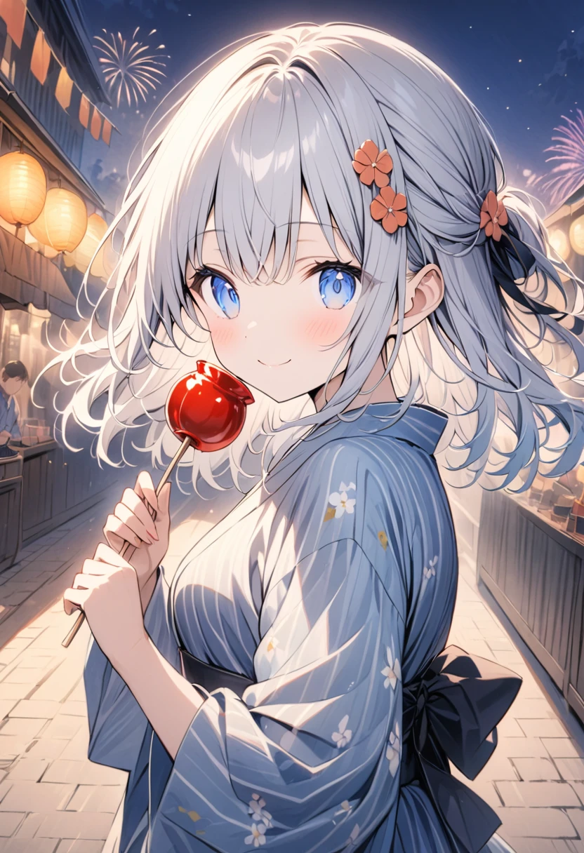 (masterpiece:1.2),(アニメ),、Anime Cute Girl、cute、silver Hair、Half Up、hair ornaments、Beautiful blue eyes、Girl wearing yukata、Brightly colored yukata robes、Short length、smile、((Holding a candy apple in her hand)),Night stalls、Night Festival、(((background、Fireworks)))、Festivals、summer night、Light production、Beautiful artwork、Detailed drawing、A Scene of Youth、Fisheye Lens、Close-up,Pale colors