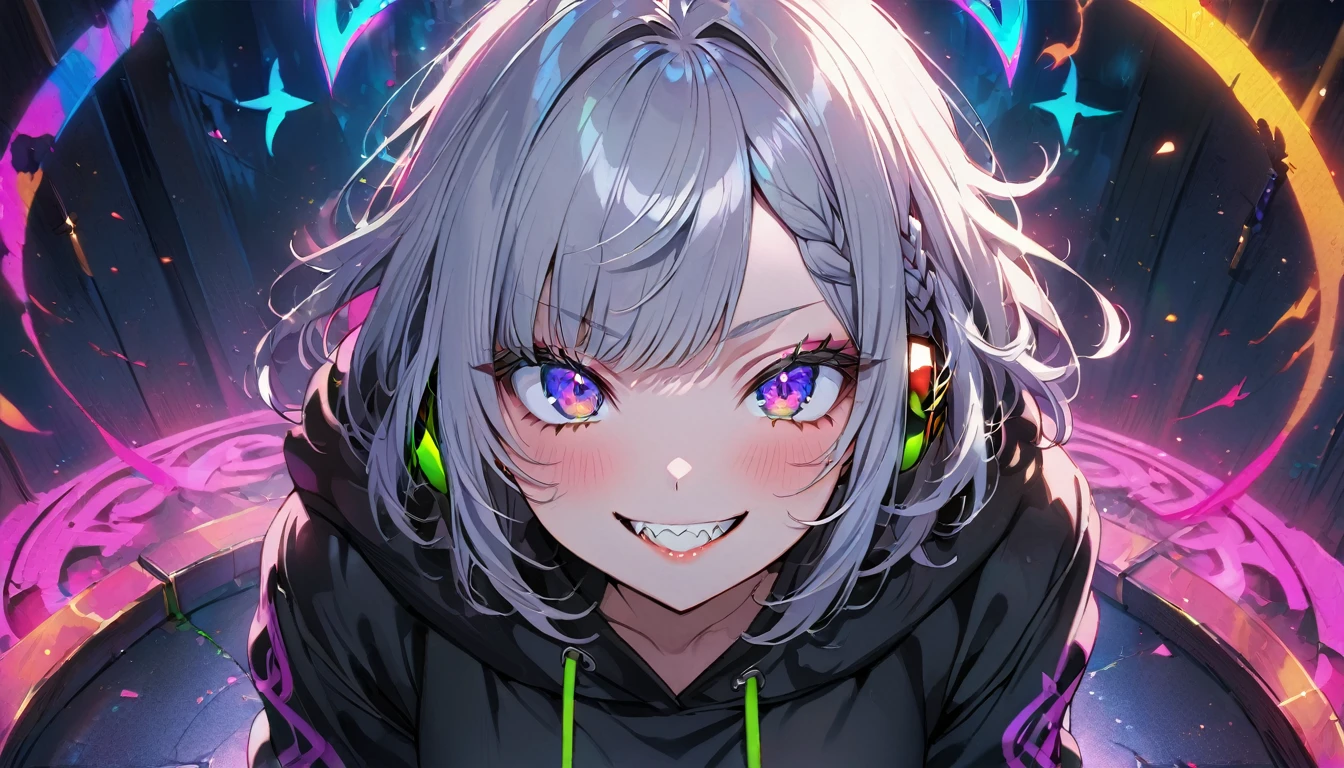 ((Masterpiece)), ((best quality)), (Anime:1.3), (super detail:1.2), (High Definition:1.3), (Professional Photography:1.3), cute young Girl, Glossy unruly hair, (loose swept bangs), (silver ash hair), medium hair, big eyes, (Eye bags:1.3), (Long eyelashes), colorful eyes, (evil smile and blush), Glossy lips, (jagged teeth), farewell, ((black hoodie with oversized)), mini skirt, barearms, cute, (colorful:1.3), gothic makeup, (wearing headphone), (Banishing evil spirits:1.3), (neon-lit:0.7), pretty, Celtic, maniac, gazing skyward, (at altar),