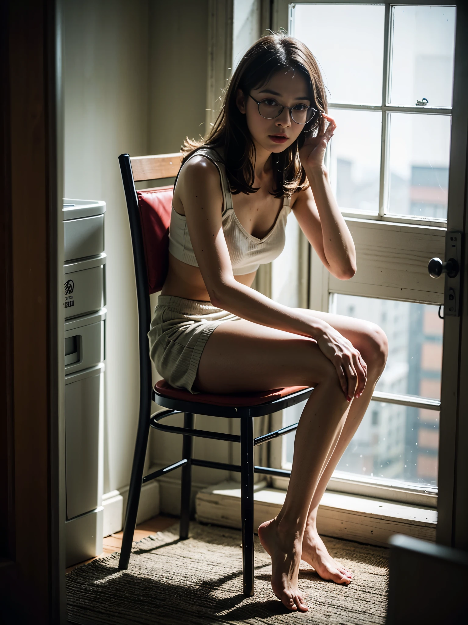((Detailed eyes)), [woman in container:1.3], bare feet, full body in container, dirty woman chained to a chair, white torn stockings, broken glasses, woman in container, desperate expression, worried alice in wonderland in container, concerned about future, brunette, realistic hands, photorealistic, grandpawds, 4k UHD, dark vibes, hyper detailed, epic composition, octane render, sharp focus, high resolution isometric, (film grain:1.3), The light is sparkling, high quality photography, 3 point lighting, flash with softbox, 4k, HDR, smooth, sharp focus, high resolution, award winning photo, 80mm, f2.8, bokeh, (phgls, chained to a chair in container, bottle)