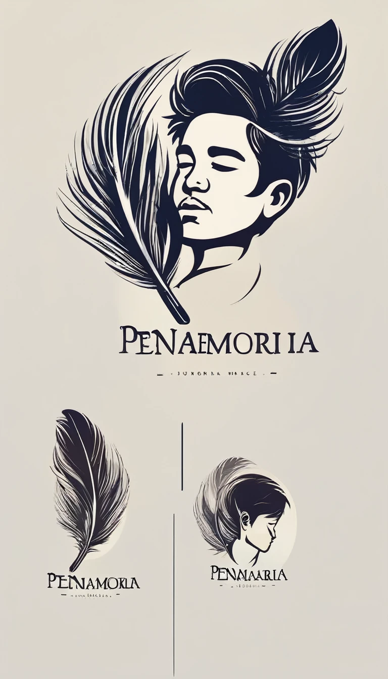 Create a minimal, modern, simple, inspirational, memorable, dream like logo design of a boy and a feather for the brand “Penamemoria".