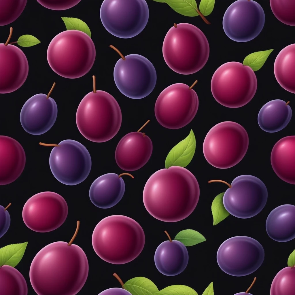 realistic plum, Black background, cartoon style