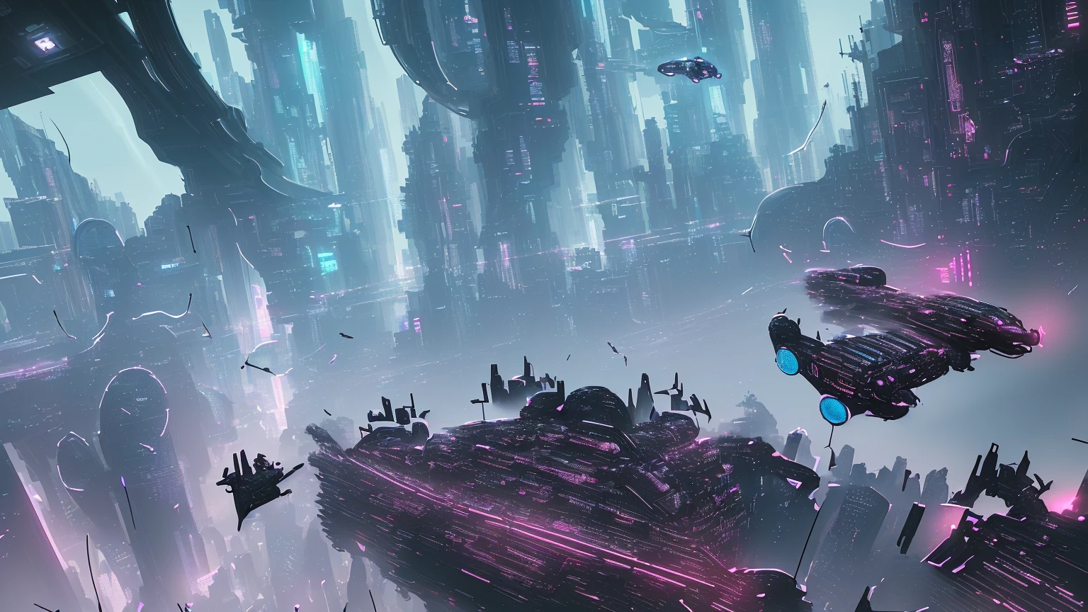 Cyberpunk，Graphic illustration，postegure，Clear foreground details，Simple Vision，Wide-angle view，futuristic city，Neon，Sci-fi vehicles，Drones，Mechanical structure，figure背面，Overlooking，Vanishing Point