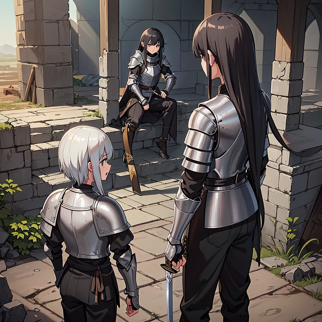 Best illustrations、Best Quality、(((Simple grey armor、Black trousers、Black glover.々Hairstyle、Mr.々Hair color)))、(((Grab the sword、Get Ready)))、(Old ruins、desert。Grass)、Fall to the floor、(Black, muddy swamp)、(中世の騎士が10 people)、(get annoyed、anxiety、impatience、Open your mouth、shout)、(lots of medieval knights、10 people)、battlefield、(From the back、Back view、back view)