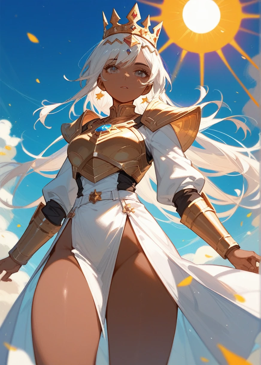(Fraction_9,Fraction_8_Direction_7_up),1 Woman,Sun God，whole body，Apollo，Sun-shaped crown on head，Brown skin，White hair，Wearing golden armor，noble，White robe，Show your thighs，