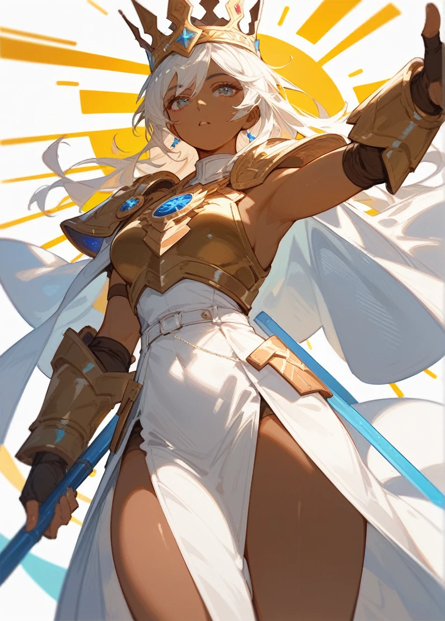 (Fraction_9,Fraction_8_Direction_7_up),1 Woman,Sun God，whole body，Apollo，Sun-shaped crown on head，Brown skin，White hair，Wearing golden armor，noble，White robe，Show your thighs，