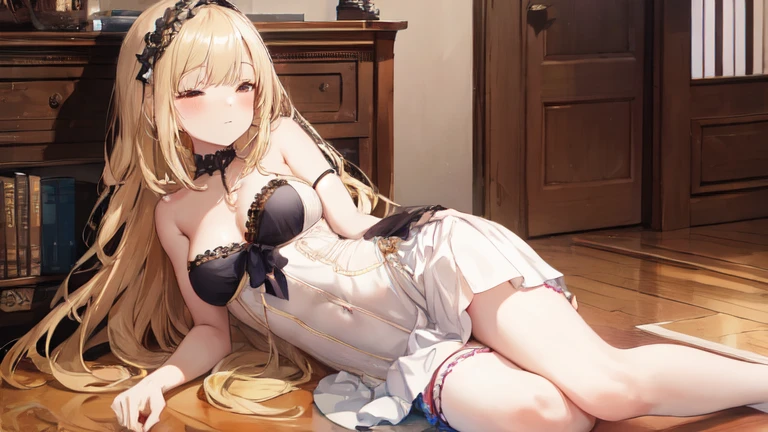 best quality，Super detailed，Perfect limbs，floor、mini skirt，Clothes with intricate details，Bright，Swimsuit，one person，blond，Sexy、Deep sleep、long hair、Stockings