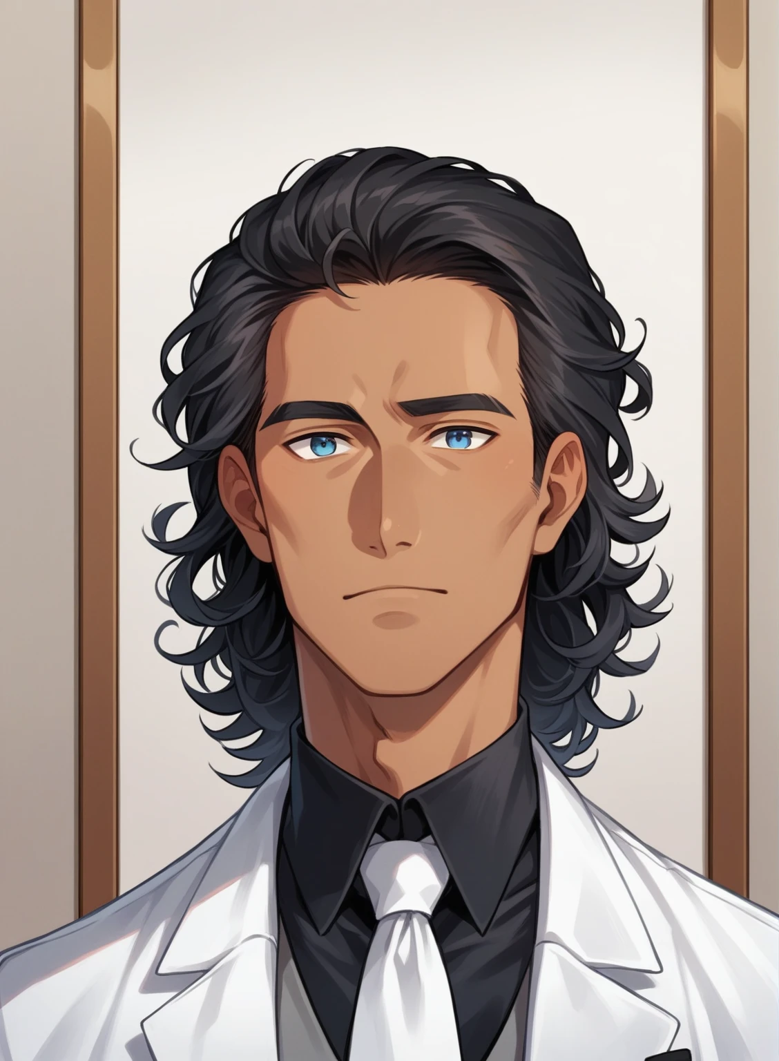 (( straight face picture )) ((best quality)), (Masterpiece)), (details), ( Beautiful colors ) ( ornamentation ) ( see the whole body ) young man , Tanned skin , black hair ,blue eyes ,Shoulder-length hair ,Slightly curly hair , open forehead , wearing a black suit ,white tie , Wear a white doctor's coat , , Have a rosary in hand