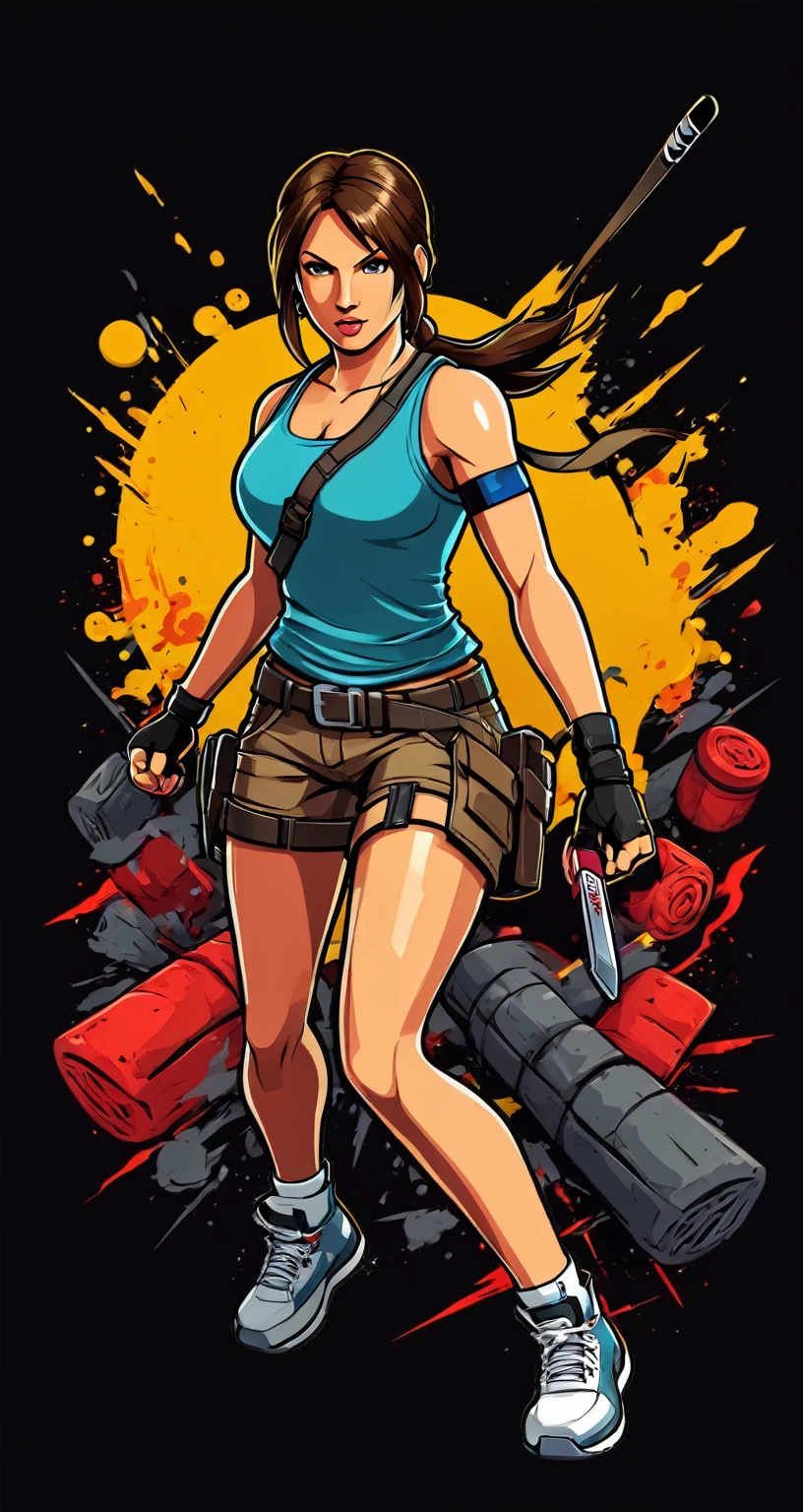 Lara Croft style fighting game, Hip-Hop Style, t shirt design, flat-colors, vectorial art, ((black backdrop)) . dynamic, Vibrant, full of action, detailed character design, reminiscent of fighting video games