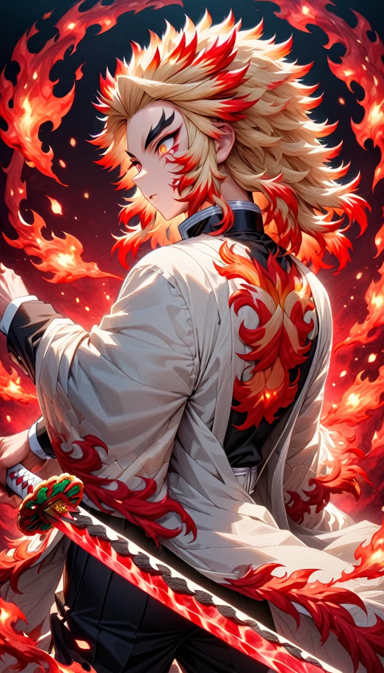 Super detailed, High resolution, Absurd, High resolution, masterpiece, Rengoku Kyojuro, Blonde, Expressive golden eyes, White Haori with a Flame Pattern, Black Demon Slayer uniform, Kimetsu no Yaiba, Fantasy, petal, Red flower, good looking, sexy man Grabbing a sword, alone, magic, shining red fireflies, Red Moon, Highest quality, Highly detailed face and eyes, fire, Grabbing a sword、Back view、Flame background