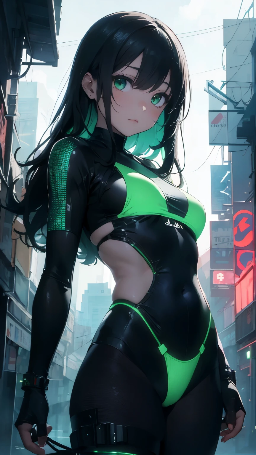 Low - Angle、 Emerald green eyes、Part of the clothing is see-through、Cinematic angles、optical fiber、Connected Cord、Illuminated parts See-through parts、Cyberpunk cityscape, young woman with long black hair wearing an emerald green powered exosuit, standing in a contemplative pose amidst the neon-lit ruins, textured digital art with muted tones and subtle ambient noise, detailed and intricate illustration, dystopian and gritty yet beautiful, a glimmer of hope in the decay,Fish Girl in Sci-fi translucent mechanical bikini ++,The bikini is see-through and sparkly