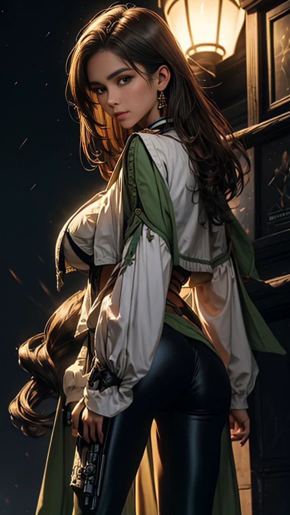 Masterpiece, Beautiful art, professional artist, 8k, art style by sciamano240, detailed body, Very detailed face, very detailed eyes, Detailed clothing, detailed fabric, Best Quality, better resolution, 1 Mexican soldier, brown eyes seen from behind, perfect ass, standing, big breasts, serious expression, At night , long brown hair, choker:1.6, black gloves that cover your hands, holding a gun in his hand, (bright green and brown leggings), looking at the viewer, Dark City, Atmosphere, fog, At night