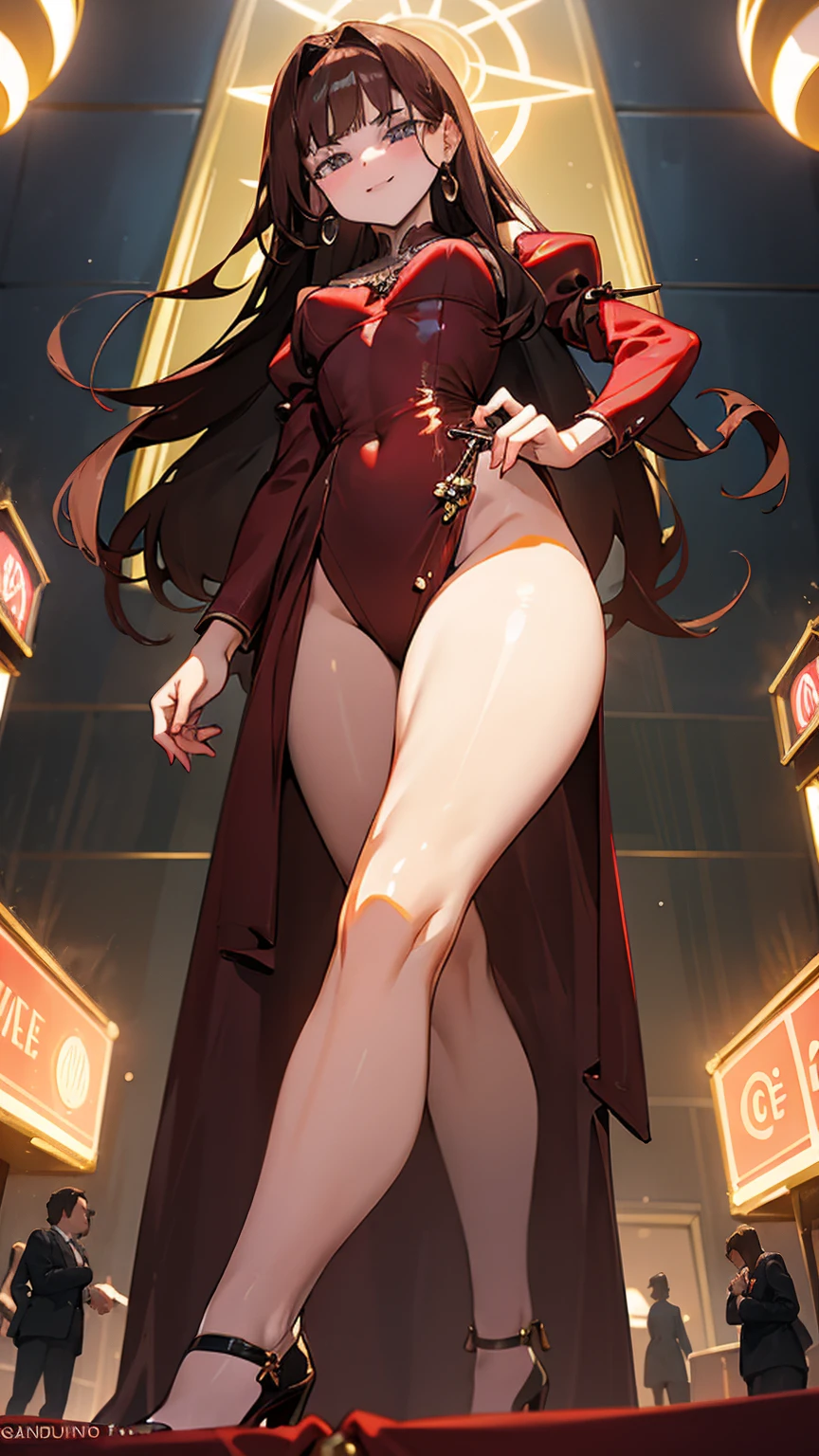 A sultry giantess, in a sleek red dress, with long brunette hair and hypnotic blue eyes, strides through a luxurious casino. Her towering form crushes gaming tables and slot machines beneath her feet. She gazes at the tiny gamblers with a look of disdain, her voice filled with mocking laughter. Her curvy body glistens under the chandeliers, every movement exuding dominance and raw sensuality. Giantess, Goddess, sexy legs, heels, hot, curvy body, mommy issues, small town, small people, tiny people, macrophilia, perspective from below, high quality, almost naked, mature woman, casino.