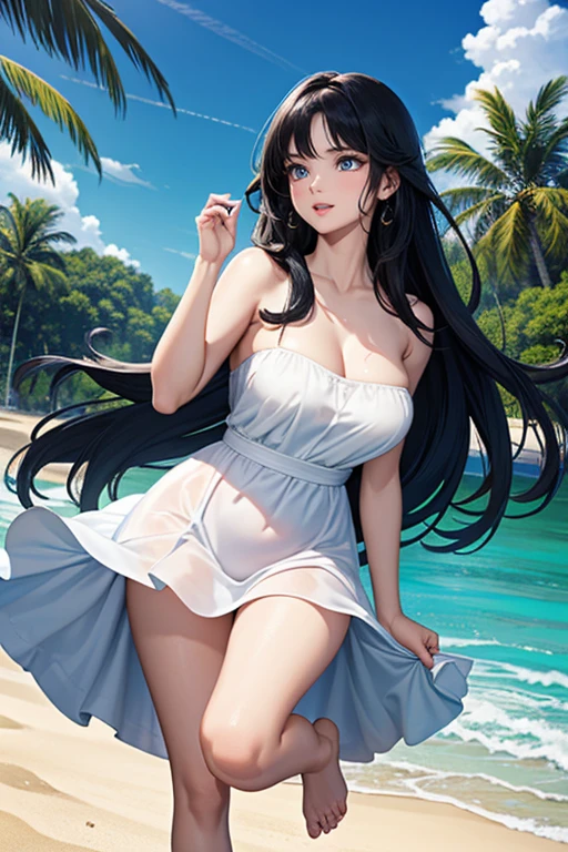 (Highest quality、masterpiece、High resolution、8K)、Vibrant colors、1 Female、Long black hair、whole body、barefoot、(Detailed face、Beautiful Eyes、Beautiful nose、Pretty lips)、A woman in a white dress jumps high、Official Art、The background is the sea、blue sky、Wide sandy beach、Wide forest、