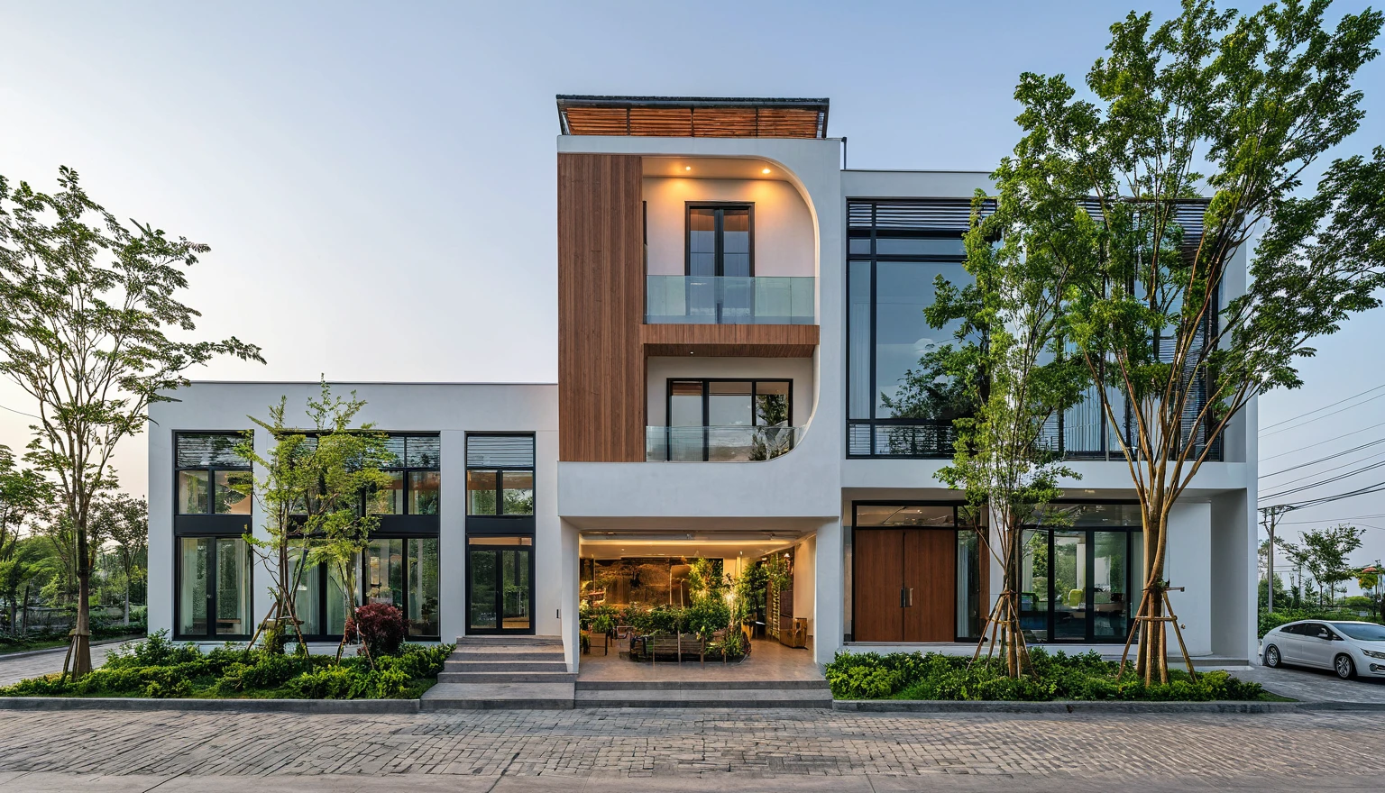 4-storey house, top floor planted with trees, 1st floor with glass walls, 1st floor selling glasses, brightly painted walls, wood-plastic wall accents, glass doors, displayed interior, gentle morning light, City landscape, walking streets, scenes with houses and trees
