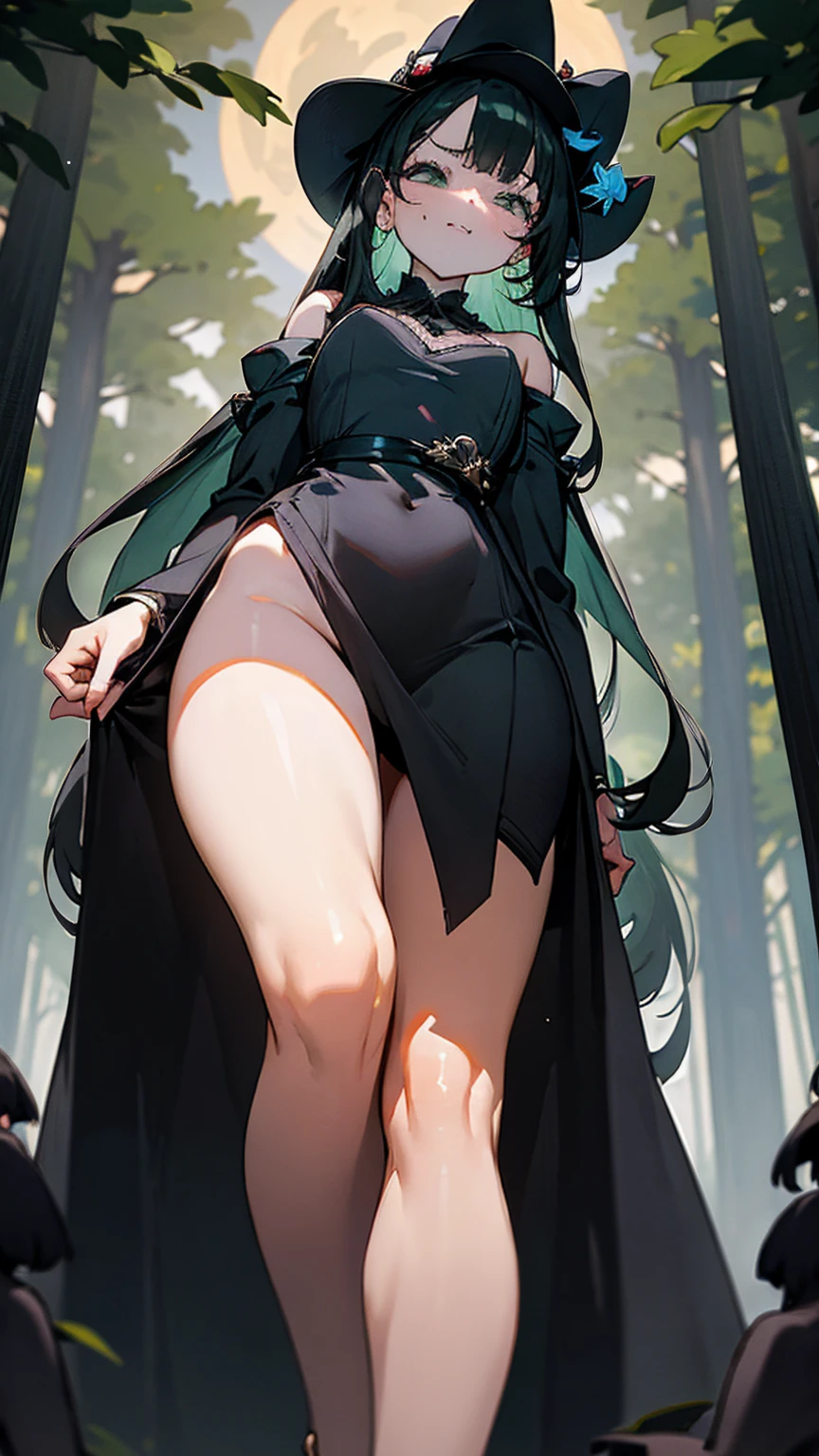 A bewitching giantess in a form-fitting black dress, with long black hair and enchanting green eyes, strides through a haunted forest. Her towering form crushes ancient tombstones and gnarled trees beneath her feet. She gazes at the tiny humans hiding among the shadows with a look of disdain, her voice filled with mocking laughter. Her curvy body glistens in the moonlight, every movement exuding an air of dark dominance and irresistible allure. Giantess, Goddess, sexy legs, heels, hot, curvy body, mommy issues, small town, small people, tiny people, macrophilia, perspective from below, high quality, almost naked, mature woman, haunted.