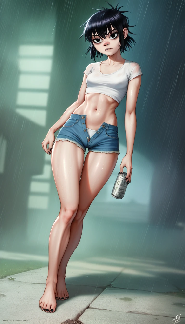 (masterpiece, best quality:1.2), noodle (gorillaz), full-body shot ,black hair, 1girl, streaked hair, black eyes, multicolored hair, bangs, parted lips, breasts, small breasts, bob cut, thick butt, cameltoe, White background, ((white unbuttoned crop-top, unbuttoned short shorts, barefoot)), pulling down shorts, masterpiece, best quality, absurdres, highres, 4k, ray tracing, perfect face, perfect eyes, intricate details, highly detailed, (best quality:1.33), (masterpiece:1.42),(semi realistic:1.3), (detailed:1.15),(skin details), Dappled Light, analog style (look at viewer), (skin texture), (realistic texture skin), cinematic light, side lighting, ultra high res, best shadow, RAW, (Dutch angle:1.1), lightroom, cinematic, hdr, raw, (intricate:1.4), high quality, soothing tones, intricate details, low contrast, extremely high quality RAW photograph, detailed background, intricate, Exquisite details and textures, highly detailed, ultra detailed photograph, warm lighting, 4k, sharp focus, high resolution, detailed skin, detailed eyes, 8k uhd, dslr, high quality, film grain, Fujifilm XT3,
Rainy Day: The diffused light and wet surfaces on a rainy day can create a moody and atmospheric environment, perfect for capturing reflections and street photography.,