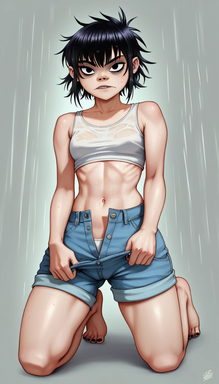 (masterpiece, best quality:1.2),  noodle (gorillaz), full-body shot ,black hair, 1girl, streaked hair, black eyes, multicolored hair, bangs, parted lips, breasts, small breasts, bob cut, thick legs, cameltoe, dark background, black nails, ((white unbuttoned crop-top, unbuttoned short shorts, barefoot)), pulling down shorts, masterpiece, best quality, absurdres, highres, 4k, ray tracing, perfect face, perfect eyes, intricate details, highly detailed, (best quality:1.33), (masterpiece:1.42),(semi realistic:1.3), (detailed:1.15),(skin details), Dappled Light, analog style (look at viewer), (skin texture), (realistic texture skin), cinematic light, side lighting, ultra high res, best shadow, RAW, (Dutch angle:1.1), lightroom, cinematic, hdr, raw, (intricate:1.4), high quality, soothing tones, intricate details, low contrast, extremely high quality RAW photograph, detailed background, intricate, Exquisite details and textures, highly detailed, ultra detailed photograph, warm lighting, 4k, sharp focus, high resolution, detailed skin, detailed eyes, 8k uhd, dslr, high quality, film grain, Fujifilm XT3, 
Rainy Day: The diffused light and wet surfaces on a rainy day can create a moody and atmospheric environment, perfect for capturing reflections and street photography.,