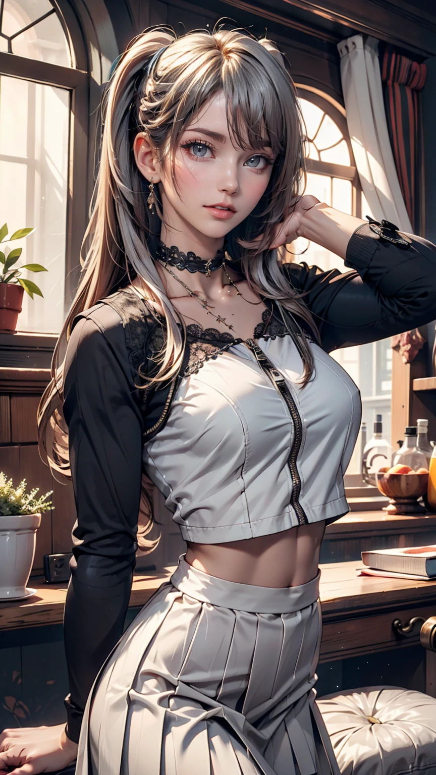 24-year-old female、Silver Hair、Twin tails、Sexy、Sexy proportions、High neck zipper up top with lace embellishment、Lower milk visible、Mini length pleated skirt、Choker with lace embellishment 