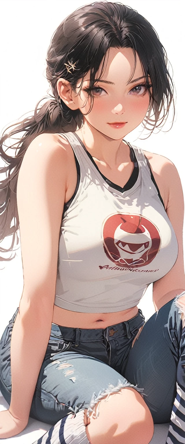 20 years old,1 mature woman,hyperrealistic, 8k, (extremely detailed 8k), (very delicate and beautiful), (masterpiece), (better quality:1.0), (ultra high resolution:1.0), (masterpiece, best quality),cute,black hair,ponytail,POV,full body,white background,realistic skin,Crop Top, Denim Shorts, Striped Knee Socks,,model posing