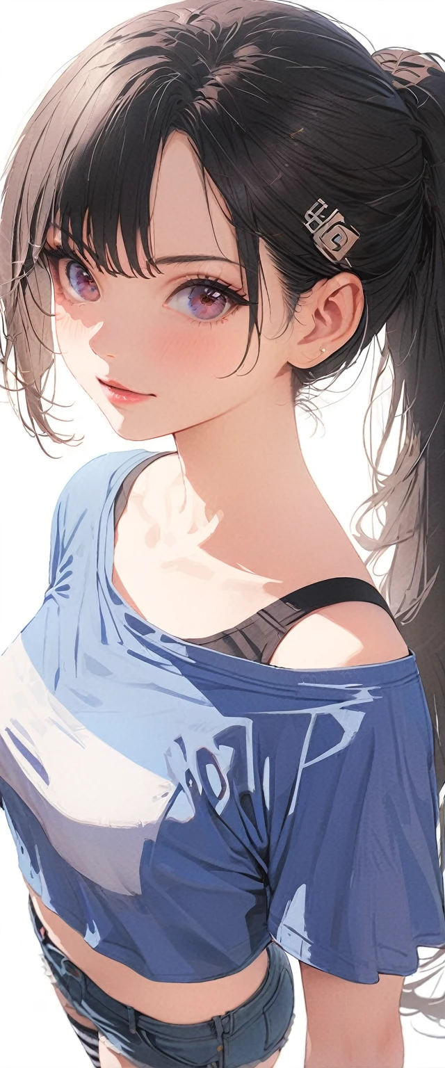 20 years old,1 mature woman,hyperrealistic, 8k, (extremely detailed 8k), (very delicate and beautiful), (masterpiece), (better quality:1.0), (ultra high resolution:1.0), (masterpiece, best quality),cute,black hair,ponytail,POV,full body,white background,realistic skin,Crop Top, Denim Shorts, Striped Knee Socks,,model posing