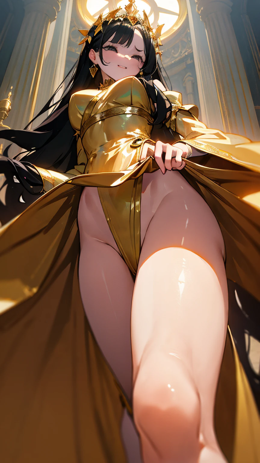 A sensual giantess, in a flowing golden dress, with long black hair and captivating green eyes, strides through an opulent palace. Her towering form crushes marble statues and golden furniture underfoot. She gazes at the tiny courtiers with a look of disdain, her voice filled with mocking laughter. Her curvy body glistens in the sunlight, every movement exuding dominance and raw sensuality. Giantess, Goddess, sexy legs, heels, hot, curvy body, mommy issues, small town, small people, tiny people, macrophilia, perspective from below, high quality, almost naked, mature woman, palace.

