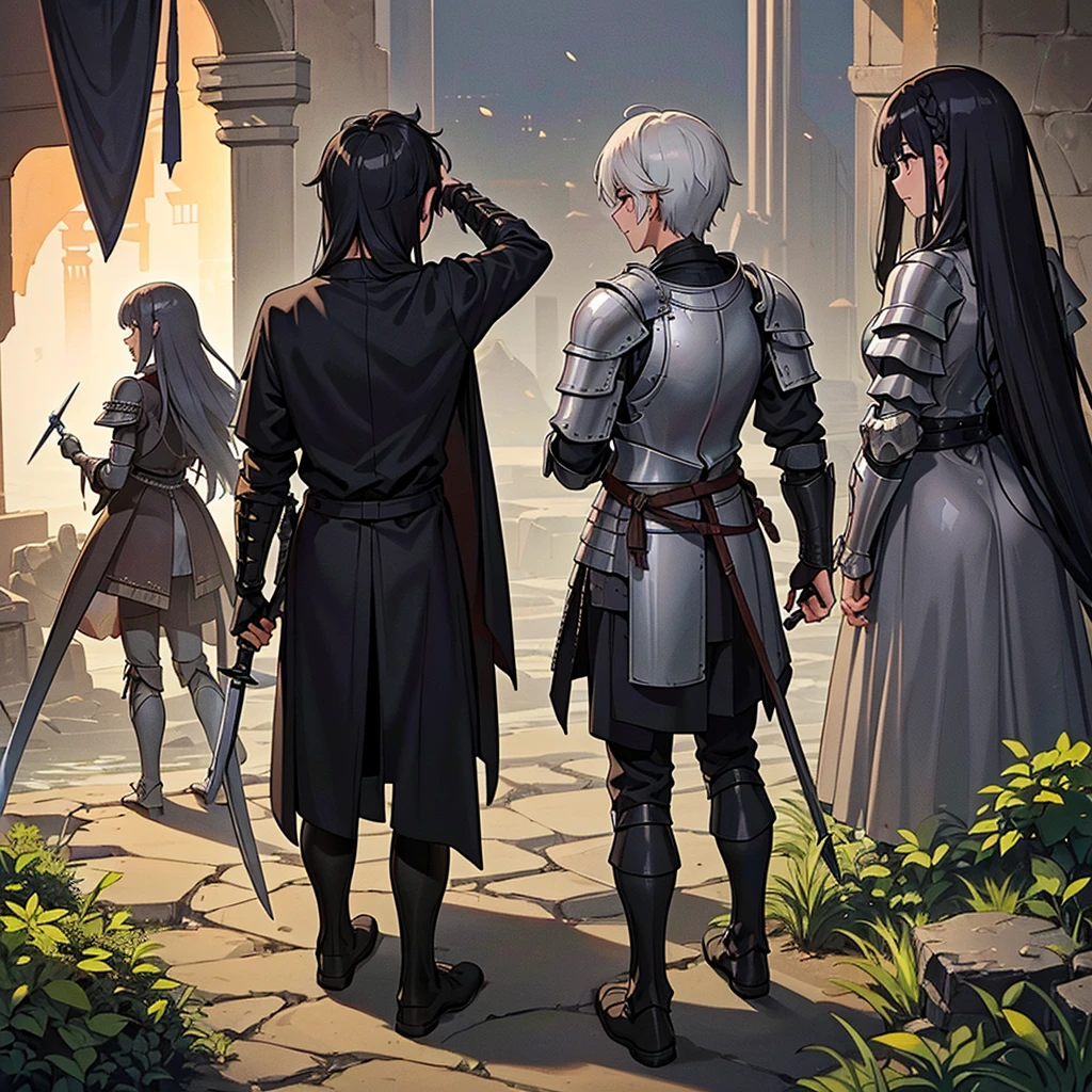Best illustrations、Best Quality、(((Simple grey armor、Black trousers、Black glover.々Hairstyle、Mr.々Hair color)))、(((Grab the sword、Get Ready)))、(Old ruins、desert。Grass)、Fall to the floor、(Black, muddy swamp)、(中世の騎士が10 people)、(get annoyed、anxiety、impatience、Open your mouth、shout)、(lots of medieval knights、10 people)、battlefield、(From the back、Back view、back view)