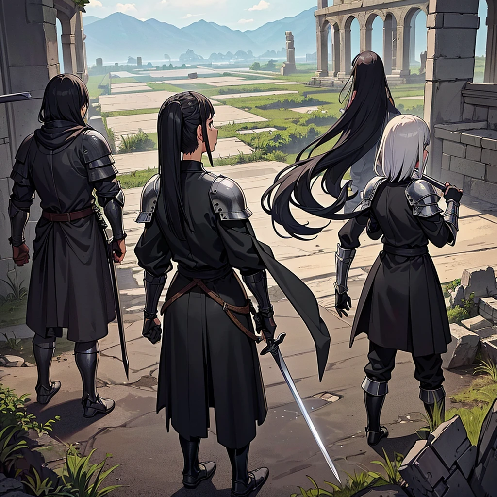 Best illustrations、Best Quality、(((Simple grey armor、Black trousers、Black glover.々Hairstyle、Mr.々Hair color)))、(((Grab the sword、Get Ready)))、(Old ruins、desert。Grass)、Fall to the floor、(Black, muddy swamp)、(中世の騎士が10 people)、(get annoyed、anxiety、impatience、Open your mouth、shout)、(lots of medieval knights、10 people)、battlefield、(From the back、Back view、back view)
