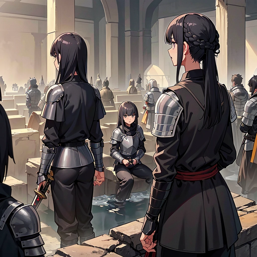 Best illustrations、Best Quality、(((Simple grey armor、Black trousers、Black glover.々Hairstyle、Mr.々Hair color)))、(((Grab the sword、Get Ready)))、(Old ruins、desert。Grass)、Fall to the floor、(Black, muddy swamp)、(中世の騎士が10 people)、(get annoyed、anxiety、impatience、Open your mouth、shout)、(lots of medieval knights、10 people)、battlefield、(From the back、Back view、back view)