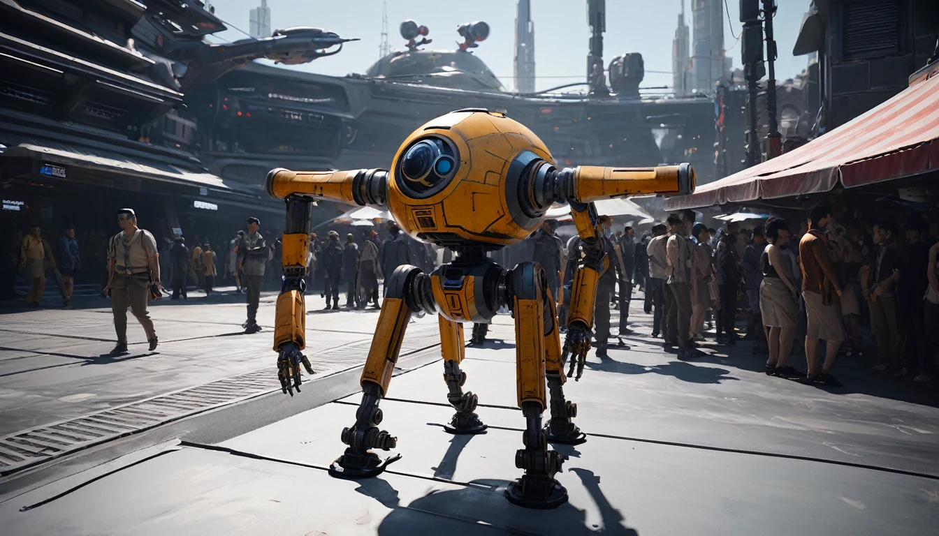 The background is blurred、(Masterpiece、８ｋ、Very detailed and well written、Is being rendered、UE5.0、Best lighting and shadows)、Respect for the original、ＣＧwork、Photorealistic、Beautifully aligned、(A rebel painted droideka)、Standby、Vision、Coruscant spaceport、Star Wars universe、unmanned