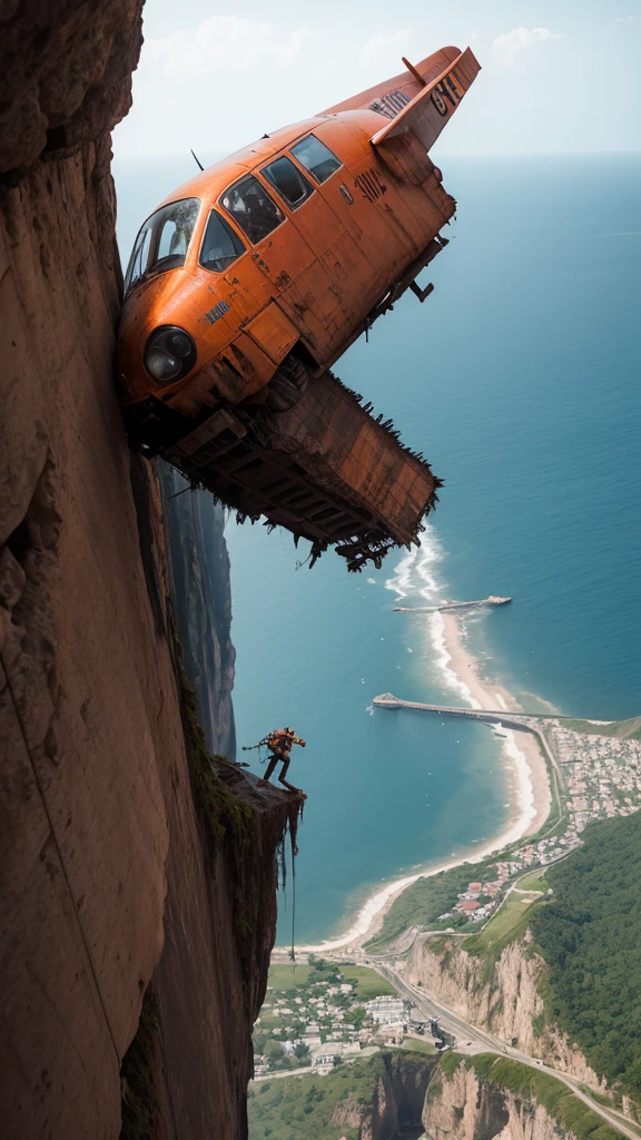 make a very real picture of a rusted crash airplane being stuck alongside a very high cliff, scary scenery, hyper-realistic, 16k