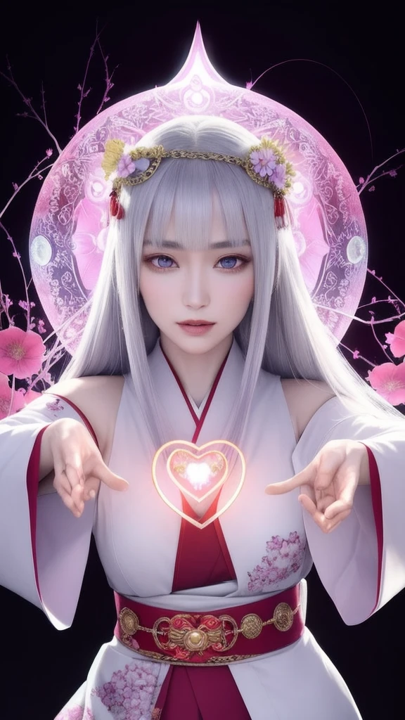(masterpiece, top quality, 1 female, solo, exquisite details, chromatic aberration), (realistic), (skin), ((breathing)), (silver hair, blunt bangs, cropped straight long hair, short bangs, silver hair), beautiful hair, red headdress, highlights, hair on one eye, beautiful eyes, purple eyes, thick lips, earrings, piercing eyes, ((gold and white kimono)), ((symmetrical eyes)), ((perfectly symmetrical body)), ((perfectly symmetrical hands)), (purerosface_v1:0.3), full moon night, ((self, natural light))), bright lighting, flowers blooming in background, in front of viewer, ((central shot, from the front, (face and shoulders))), mysterious atmosphere, colorful flowers blooming around, bright colored background, shrine maiden in kimono, beautiful shrine maiden, Shrine maiden, fantasy female shrine maiden, female fortune telling shrine maiden, fantasy photography, Japanese style, elegant cinematic fantasy art, fantasy woman, sorceress portrait, powerful wizard surrounded by mystical colorful flowers, holding a glowing heart crystal ball, eyes glowing with mystical energy, spells leaking from her mouth, vibrant sorcery vortexes pulsating with rainbow hues appear in the air, magic permeates, flowers bloom, sacred creatures gaze in awe, threads of magical energy dance, reveal hidden realms, unravel secrets, capture the essence of this enchanting moment and bring to life the mystical power of sorcery on a canvas of the highest quality and finest detail. Top quality, masterpiece, ultra high resolution, (photorealistic: 1.4), RAW photo, sharp focus, high resolution, detailed skin.
Flowers blooming all around, bright colored background, fortune teller in kimono, beautiful fortune teller, fortune teller, fantasy female fortune teller, female fortune teller, fantasy photography, Japanese style, fortune teller in kimono, elegant cinematic fantasy art, fantasy woman, magician portrait, fortune teller, powerful wizard surrounded by mystical colorful flowers, holding a glowing heart c