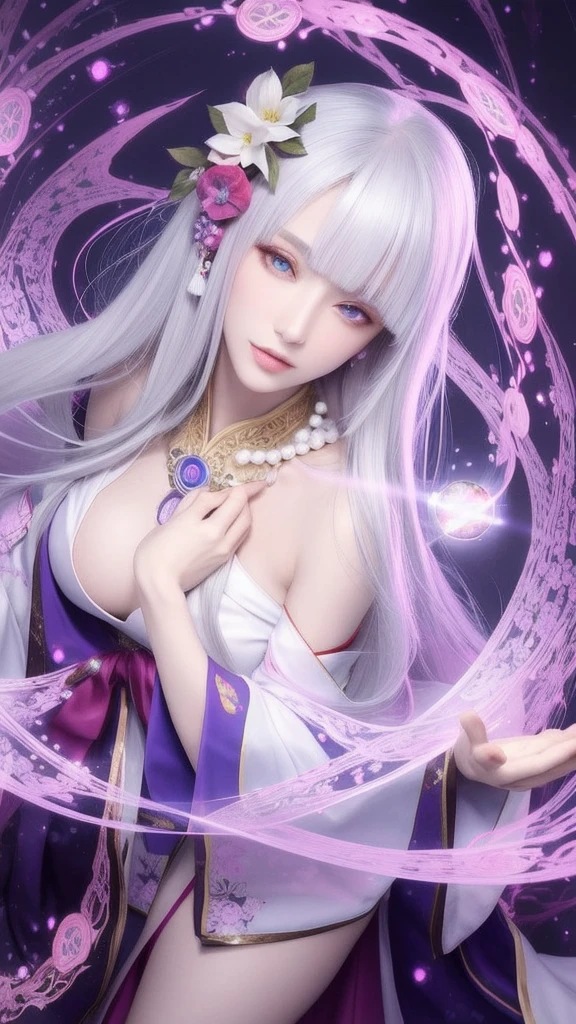 (masterpiece, top quality, 1 female, solo, exquisite details, chromatic aberration), (realistic), (skin), ((breathing)), (silver hair, blunt bangs, cropped straight long hair, short bangs, silver hair), beautiful hair, red headdress, highlights, hair on one eye, beautiful eyes, purple eyes, thick lips, earrings, piercing eyes, ((gold and white kimono)), ((symmetrical eyes)), ((perfectly symmetrical body)), ((perfectly symmetrical hands)), (purerosface_v1:0.3), full moon night, ((self, natural light))), bright lighting, flowers blooming in background, in front of viewer, ((central shot, from the front, (face and shoulders))), mysterious atmosphere, colorful flowers blooming around, bright colored background, shrine maiden in kimono, beautiful shrine maiden, Shrine maiden, fantasy female shrine maiden, female fortune telling shrine maiden, fantasy photography, Japanese style, elegant cinematic fantasy art, fantasy woman, sorceress portrait, powerful wizard surrounded by mystical colorful flowers, holding a glowing heart crystal ball, eyes glowing with mystical energy, spells leaking from her mouth, vibrant sorcery vortexes pulsating with rainbow hues appear in the air, magic permeates, flowers bloom, sacred creatures gaze in awe, threads of magical energy dance, reveal hidden realms, unravel secrets, capture the essence of this enchanting moment and bring to life the mystical power of sorcery on a canvas of the highest quality and finest detail. Top quality, masterpiece, ultra high resolution, (photorealistic: 1.4), RAW photo, sharp focus, high resolution, detailed skin.
Flowers blooming all around, bright colored background, fortune teller in kimono, beautiful fortune teller, fortune teller, fantasy female fortune teller, female fortune teller, fantasy photography, Japanese style, fortune teller in kimono, elegant cinematic fantasy art, fantasy woman, magician portrait, fortune teller, powerful wizard surrounded by mystical colorful flowers, holding a glowing heart c