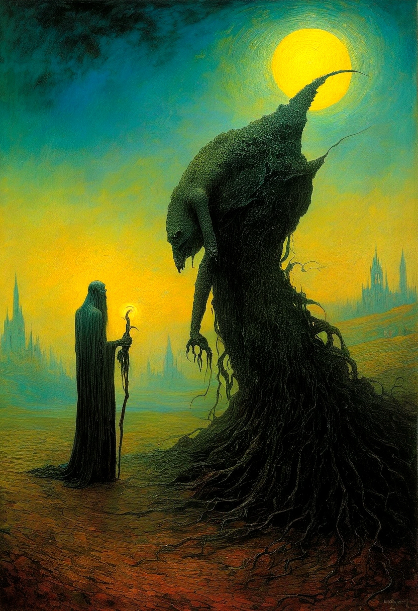 Mythical creatures, author：zislaw Beksiński and Vincent Van Gogh,romantic, Surrealism ,Satan