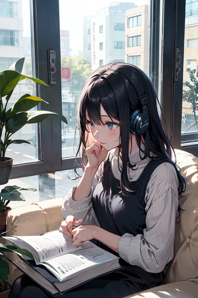Girl sitting on sofa reading a book,In front of a large window,Morning sunlight,Streetscape、listen to music