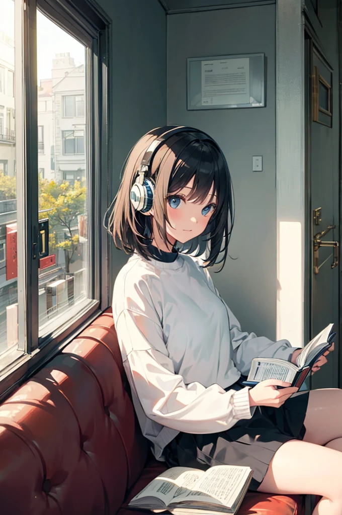 Girl sitting on sofa reading a book,In front of a large window,Morning sunlight,Streetscape、listen to music