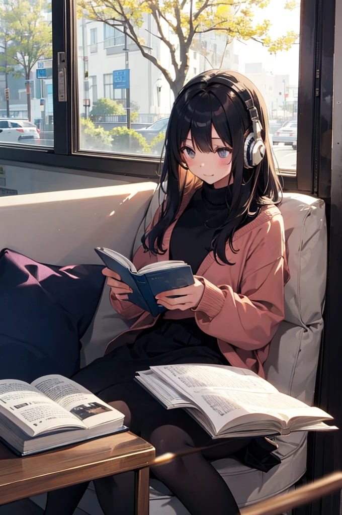 Girl sitting on sofa reading a book,In front of a large window,Morning sunlight,Streetscape、listen to music