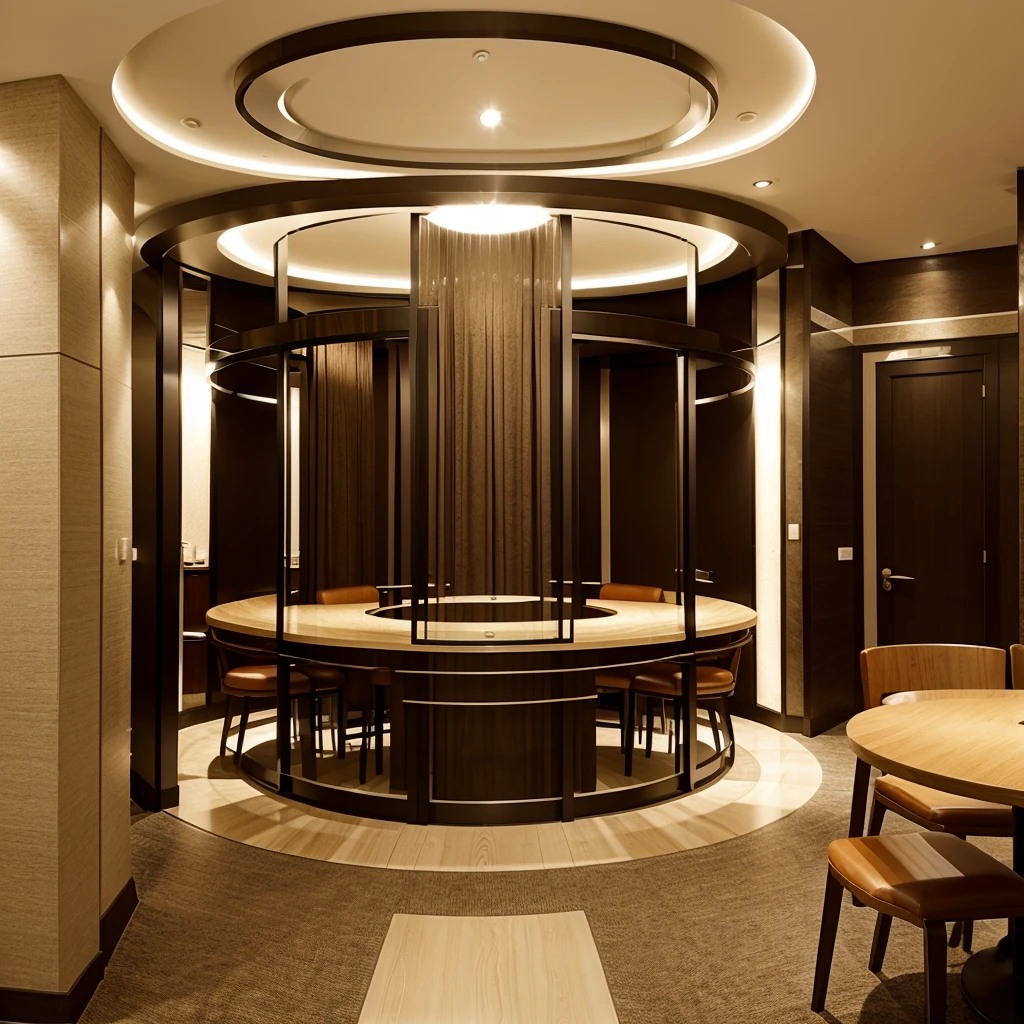 Designing a modern boutique hotel with circular partition for restaurant for separate tables 