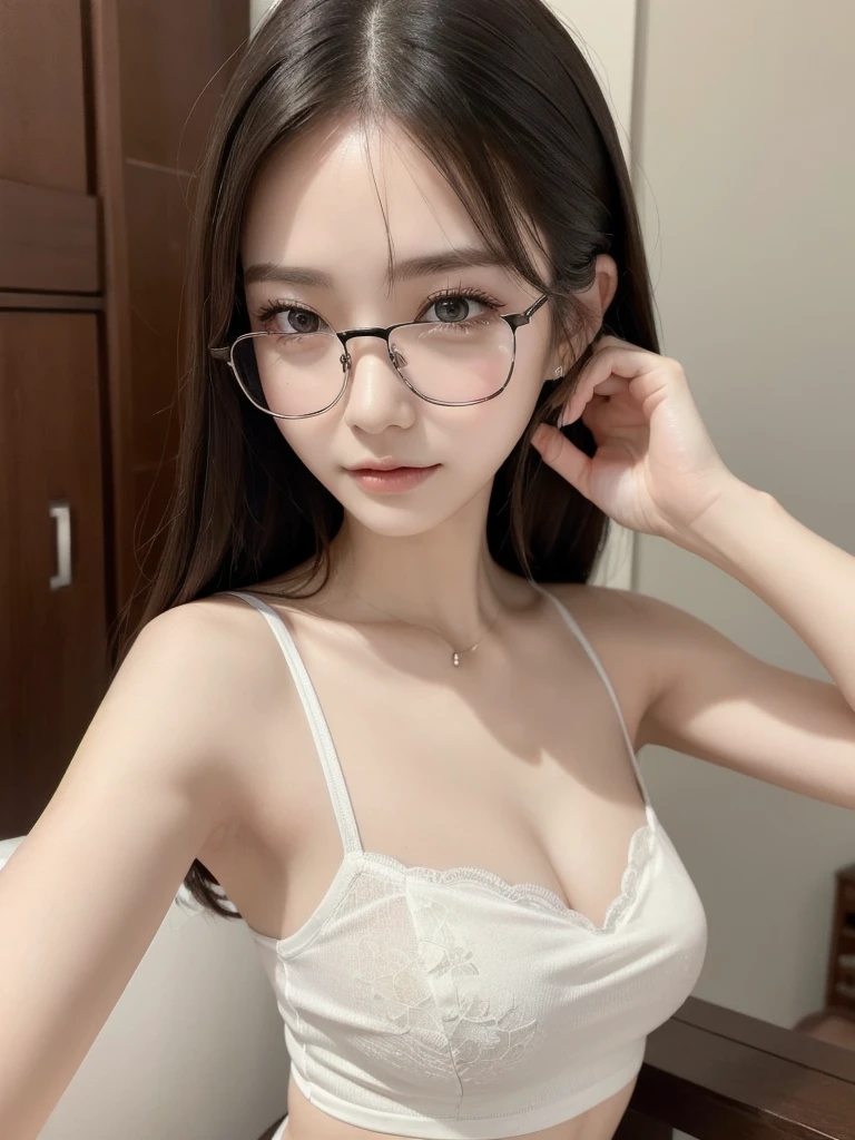 a cute woman, 8K, beautiful detailed eyes, upper body, beautiful detailed lips, extremely detailed eyes and face, long eyelashes, slender body, thin face, delicate features, flawless porcelain skin, glistening sweat, realistic, camisole, mini skirt, one-person viewpoint, Fuji Film, F/1.2, masterpiece, nffsw, super detail, high quality, best quality, high resolution, glasses, mole under right eye, hands not visible