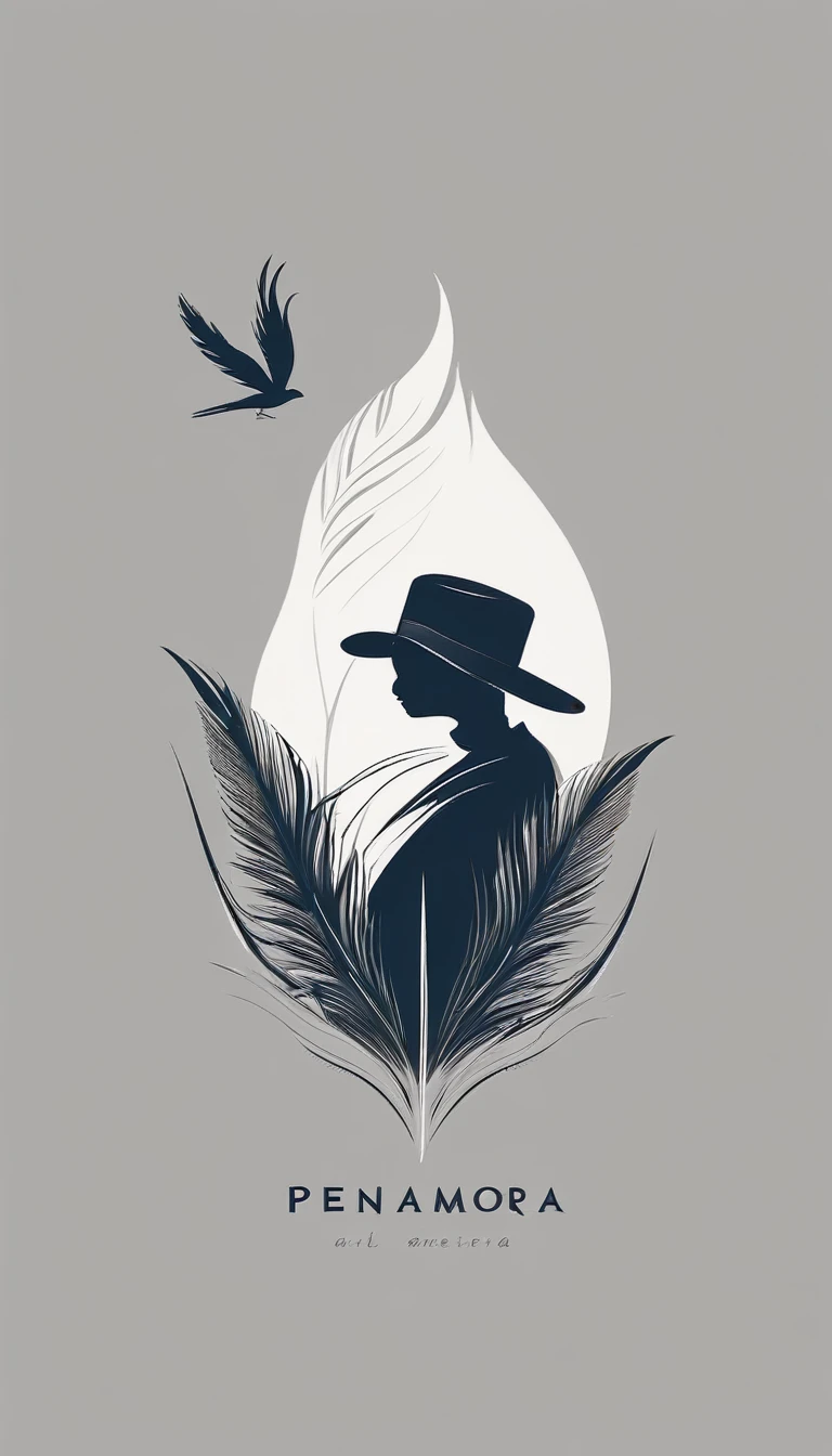 A minimal, modern, simple, cinematic logo design for the brand “Penamemoria". The logo design of a boy with a head of a feather playing acoustic guitar. The logo must convey a sense of music, stories and dreams. Minimalistic logo design of a boy dissolving into a feather of dreams and memories