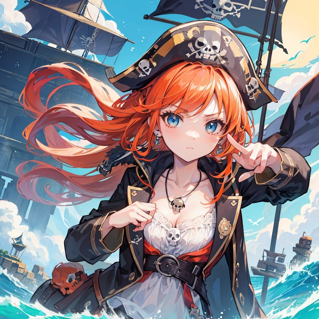 ((((pirate女帝 Skull Island swordを持つ)))) (((Skull pattern pirate))) ((Boat Orange Hair blue eyes)) ((necklace sword)) (noon Boatの上 sun cloud) Catch the wind Shining Background Particles of light