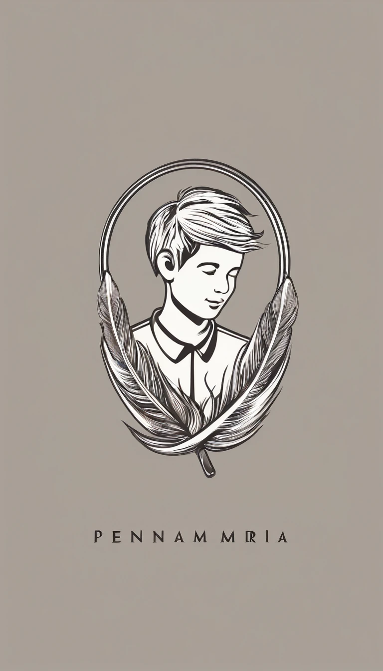Create a minimal, modern, simple, inspirational, memorable, dream like logo design of a boy and a feather for the brand “Penamemoria".
