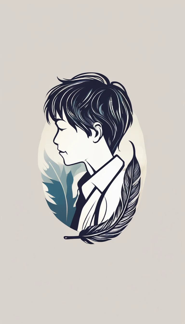 Create a minimal, modern, simple, inspirational, memorable, dream like logo design of a boy and a feather for the brand “Penamemoria".