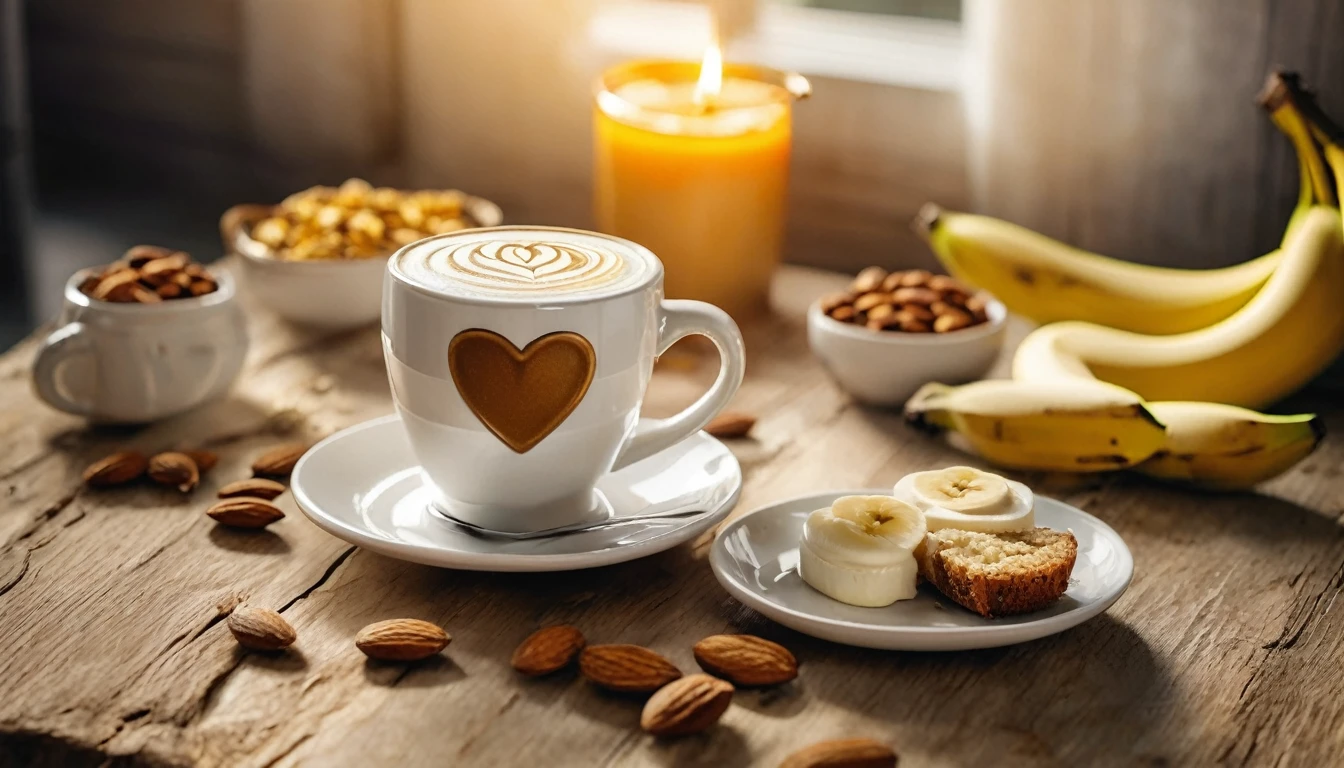 Create an image of a cozy fall-themed atmosphere featuring a white cup with heart-shaped latte art on it, placed on a wooden table surface. Next to the cup, there was a slice of cake layered with cream and sliced bananas. Surrounding it are some whole and shelled almonds, adding to the warm and inviting atmosphere. This scene is bathed in soft sunlight
