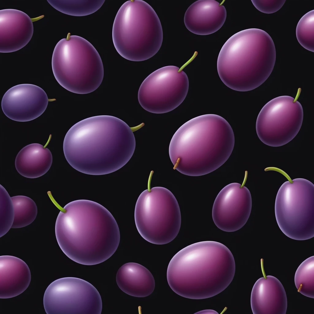realistic plum, Black background, cartoon style