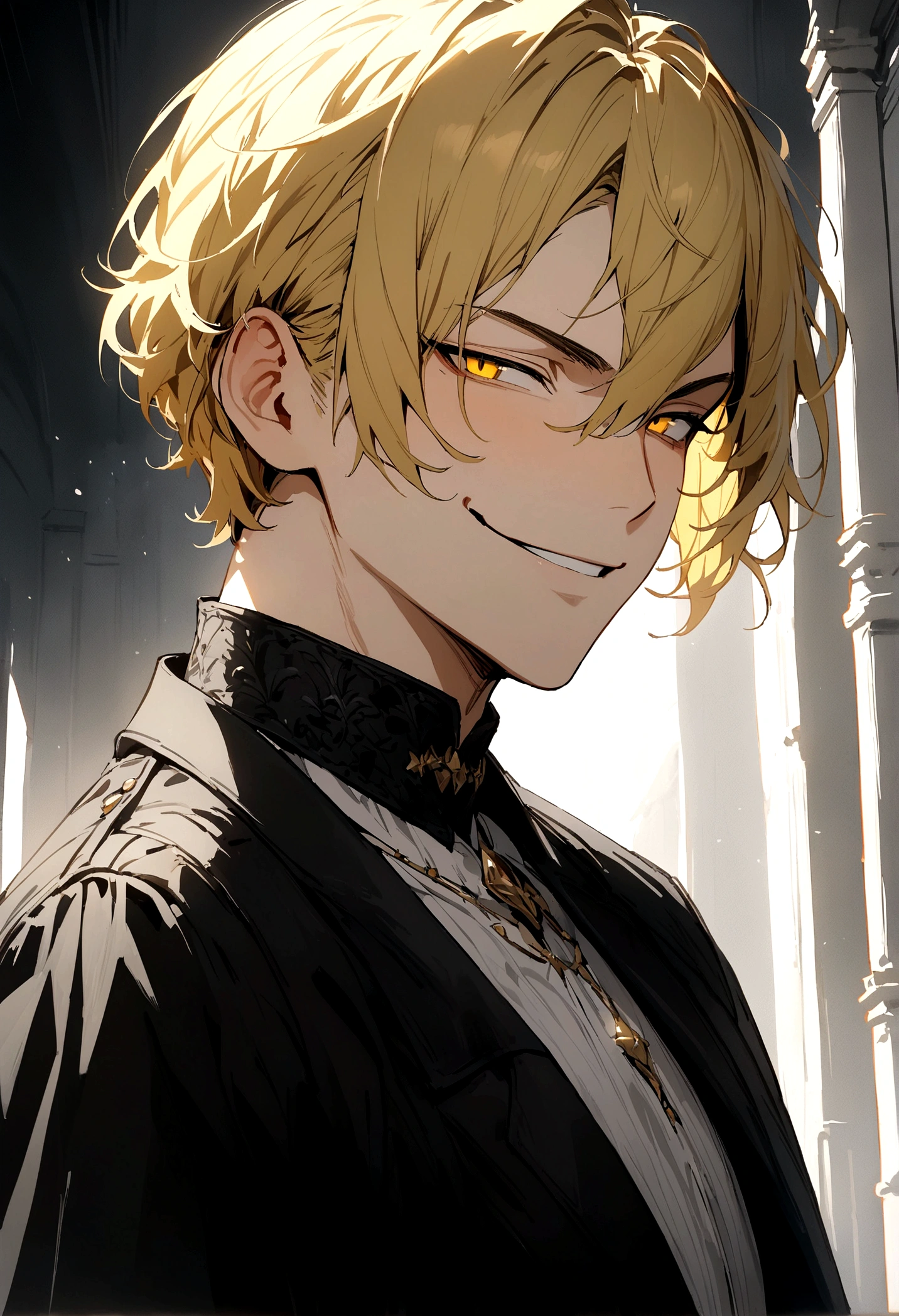 Masterpiece, solo, 1 male, short hair, blond hair, yellow eyes, smirk facial, black and white shirt, black coat