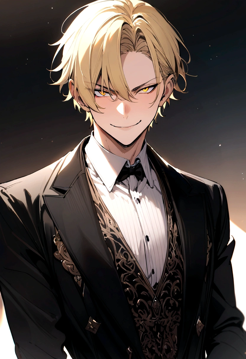 Masterpiece, solo, 1 male, short hair, blond hair, yellow eyes, smirk facial, black and white shirt, black coat